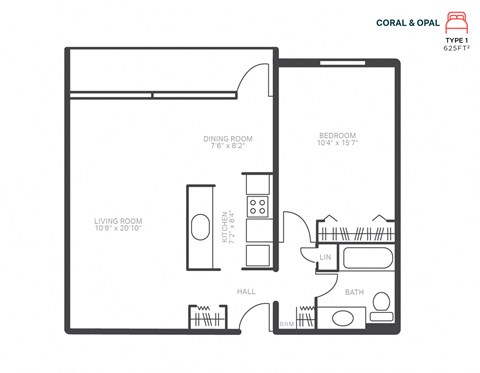 Floor plan for 1 bed, 1 bath, 625 sqft